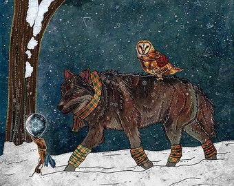 WINTER JOURNEY, wolf and owl art print, whimsical art