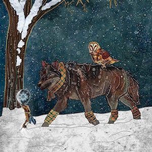 WINTER JOURNEY, wolf and owl art print, whimsical art