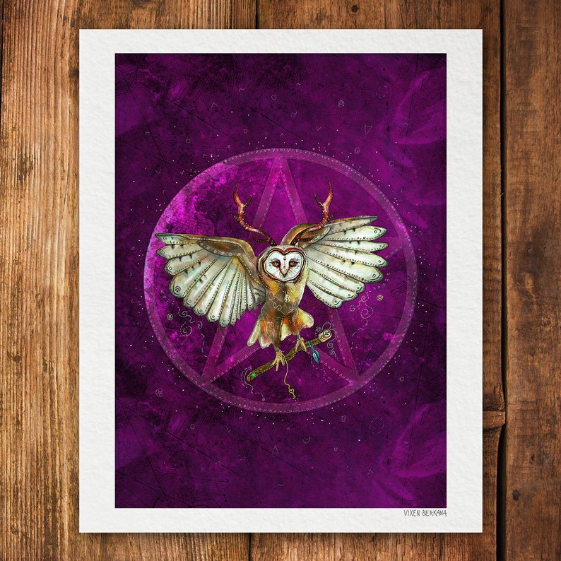 May include: A white owl with antlers, perched on a stick, is surrounded by a purple pentagon with a white circle and a five-pointed star in the center. The background is a dark purple with a textured, cloudy effect. The text "Vixen Berkman" is at the bottom of the image.