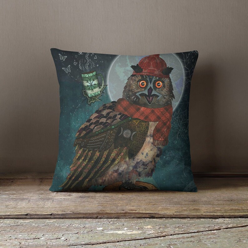 May include: Decorative square pillow featuring a whimsical owl illustration. The owl wears a red hat and scarf, set against a teal background with a full moon and a floating mug. The owl has orange eyes and detailed feather patterns.