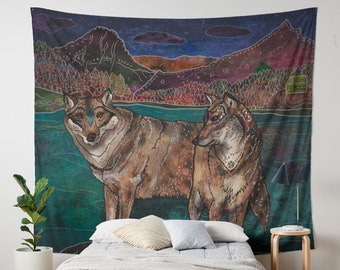 WOLF LOVE, wolf wall tapestry, bedroom wall decor