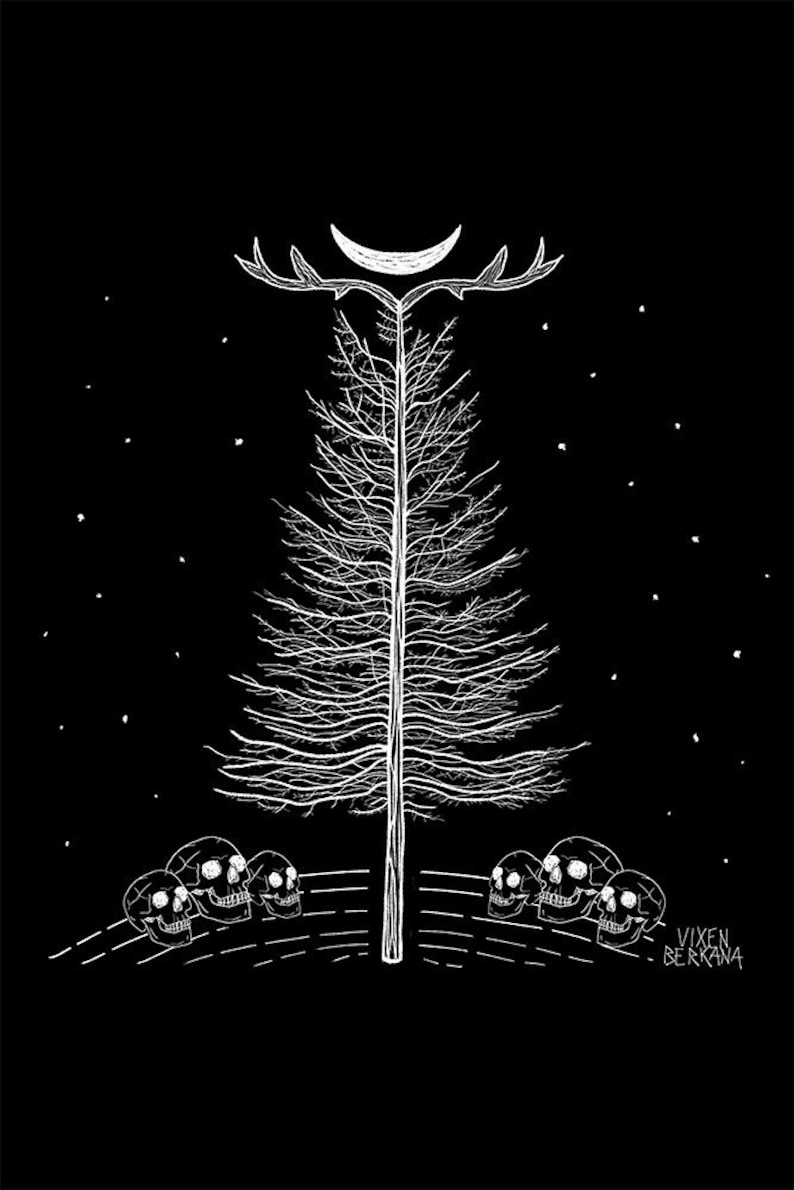 May include: A black and white illustration of a bare tree with a crescent moon and antlers at the top.  The tree is surrounded by five skulls at the base. The text "Vixen Berkana" is at the bottom right corner of the image.