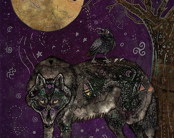 May include: A digital illustration featuring a gray wolf with intricate geometric patterns on its fur, standing beneath a large golden moon. A black raven sits on the wolf's back. The background is a deep purple sky with a bare tree and stars.