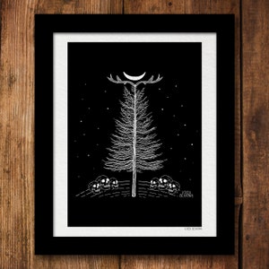May include: A black and white illustration of a bare tree with a crescent moon above it. The tree is surrounded by five skulls. The text "Vixen Bekarma" is at the bottom of the image.