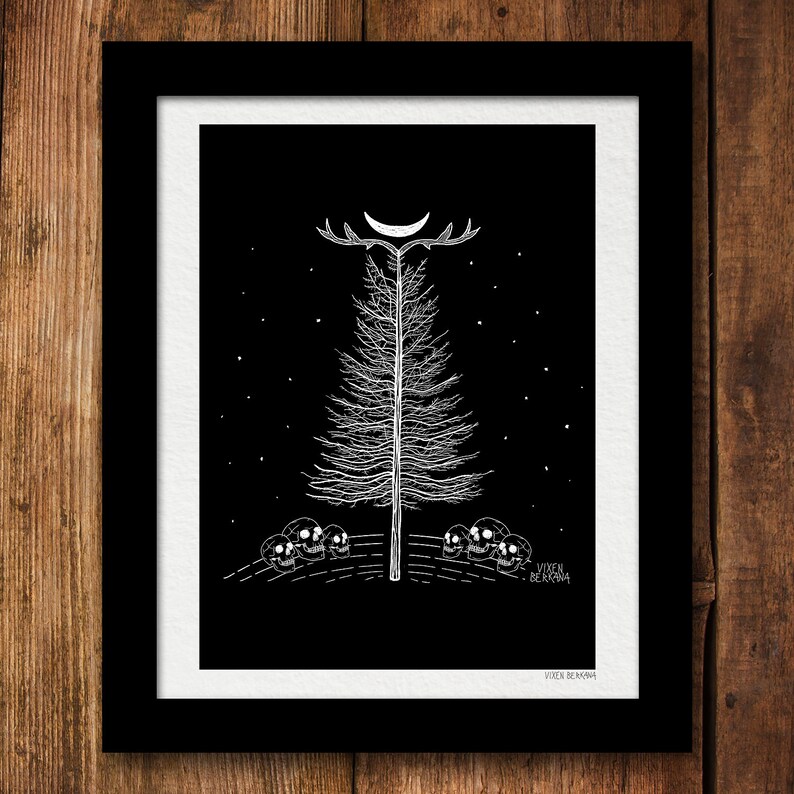 May include: A black and white illustration of a bare tree with a crescent moon above it. The tree is surrounded by five skulls. The text "Vixen Bekarma" is at the bottom of the image.