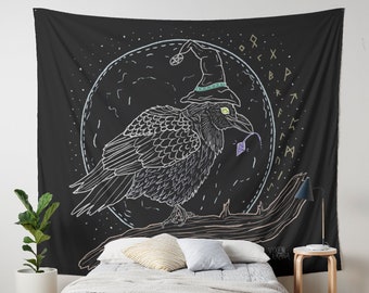 RAVEN NIGHT, raven tapestry, witchy decor, pagan home decor