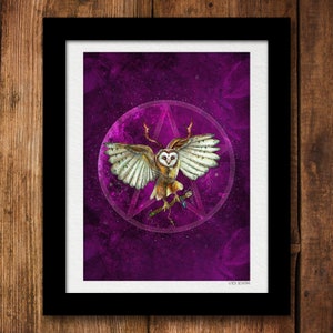 May include: A white owl with antlers, wings spread, and a wand in its talons, is depicted in a purple and white pentagon on a dark purple background with white stars.