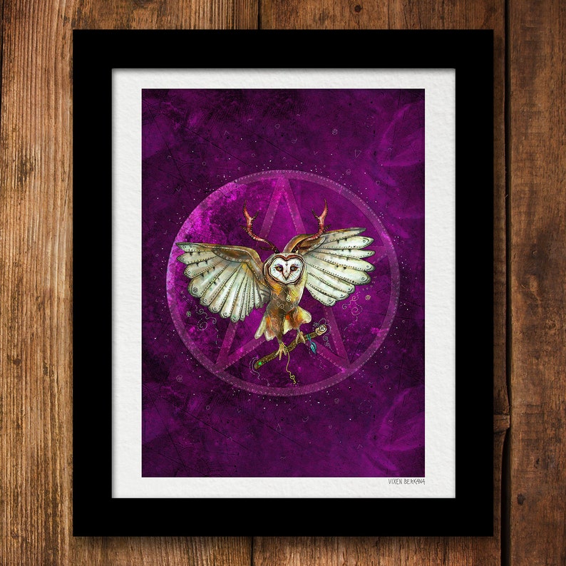 May include: A white owl with antlers, wings spread, and a wand in its talons, is depicted in a purple and white pentagon on a dark purple background with white stars.