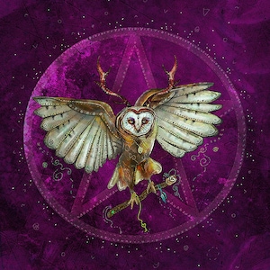 May include: A white owl with antlers, perched on a branch, with its wings spread wide. The owl is surrounded by a circle and a triangle, with a purple background and white markings.