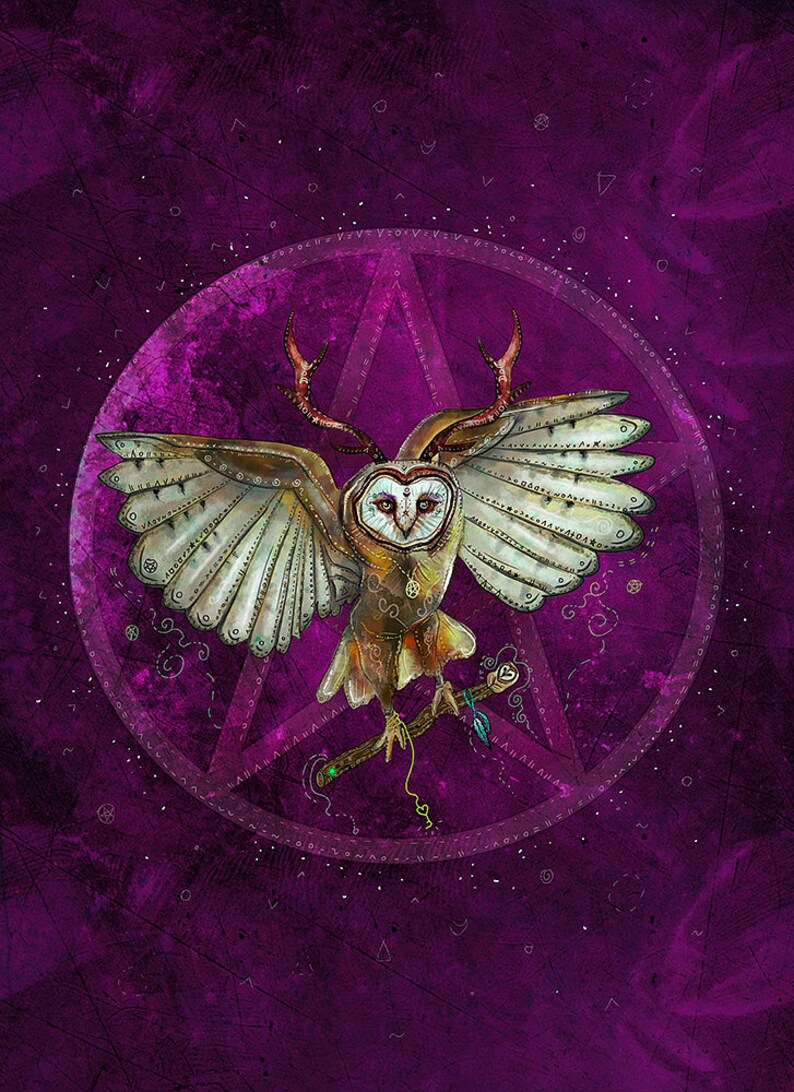 May include: A white owl with antlers, perched on a branch, with its wings spread wide. The owl is surrounded by a circle and a triangle, with a purple background and white markings.
