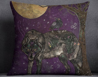 I DON'T SPEAK HUMAN, wolf pillow, raven pillow, pagan, celtic