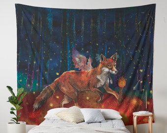 The ORIGIN OF FIRE, fox tapestry, fox wall art