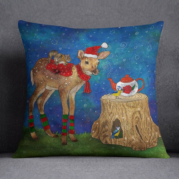 CHRISTMAS TEA PARTY, woodland pillow, winter pillow