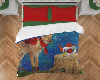 CHRISTMAS TEA PARTY, woodland bedding, christmas duvet