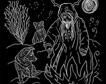 OJUN, siberian shaman and wolf print, occult wall art, art print