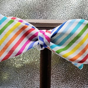 May include: A colorful rainbow striped bow tie. The bow tie features diagonal stripes in red, orange, yellow, green, blue, and purple. The bow tie is made of fabric and is knotted in the center.