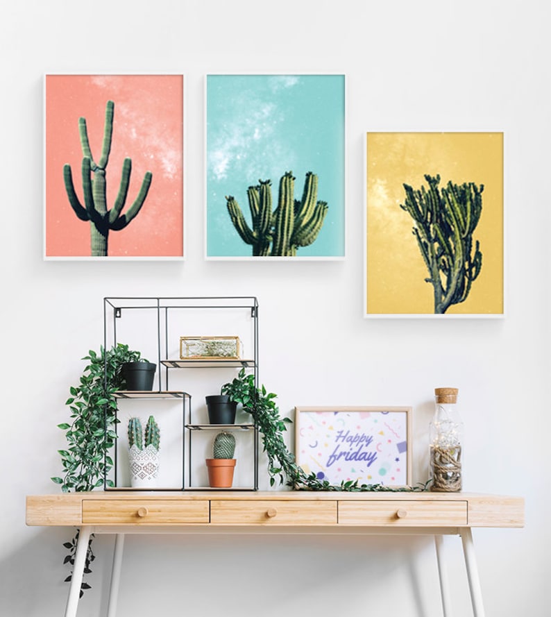 Pink Cactus Decor Triptych Art 3 Piece Wall Art Printable