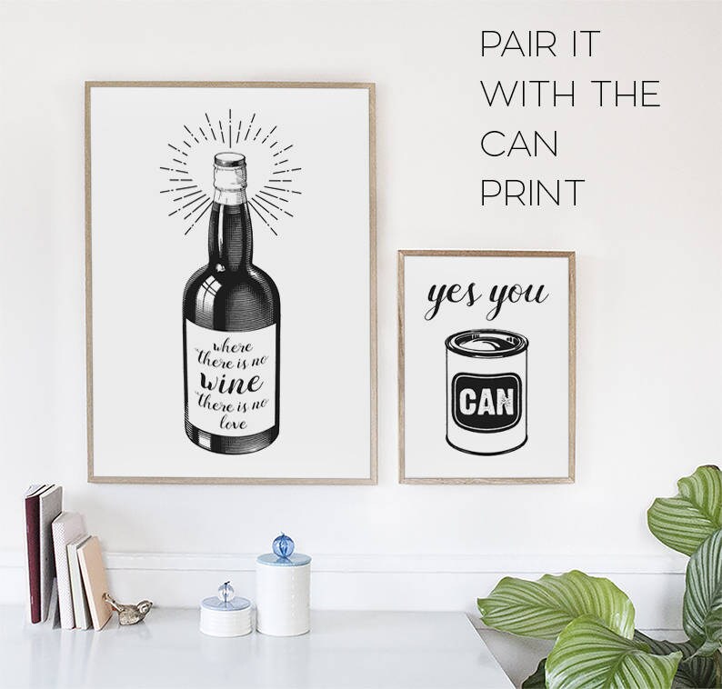 Wine Poster Wine Bottle Art Wine Quote Black and White | Etsy