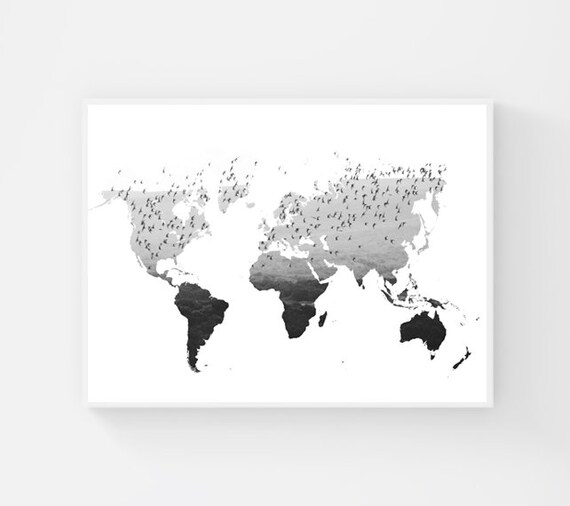 Affiche De Carte Du Monde Noir Et Blanc Flying Bird Wall Art Monde Imprimable Carte Art Troupeau Doiseaux Impression Grande Carte Du Monde