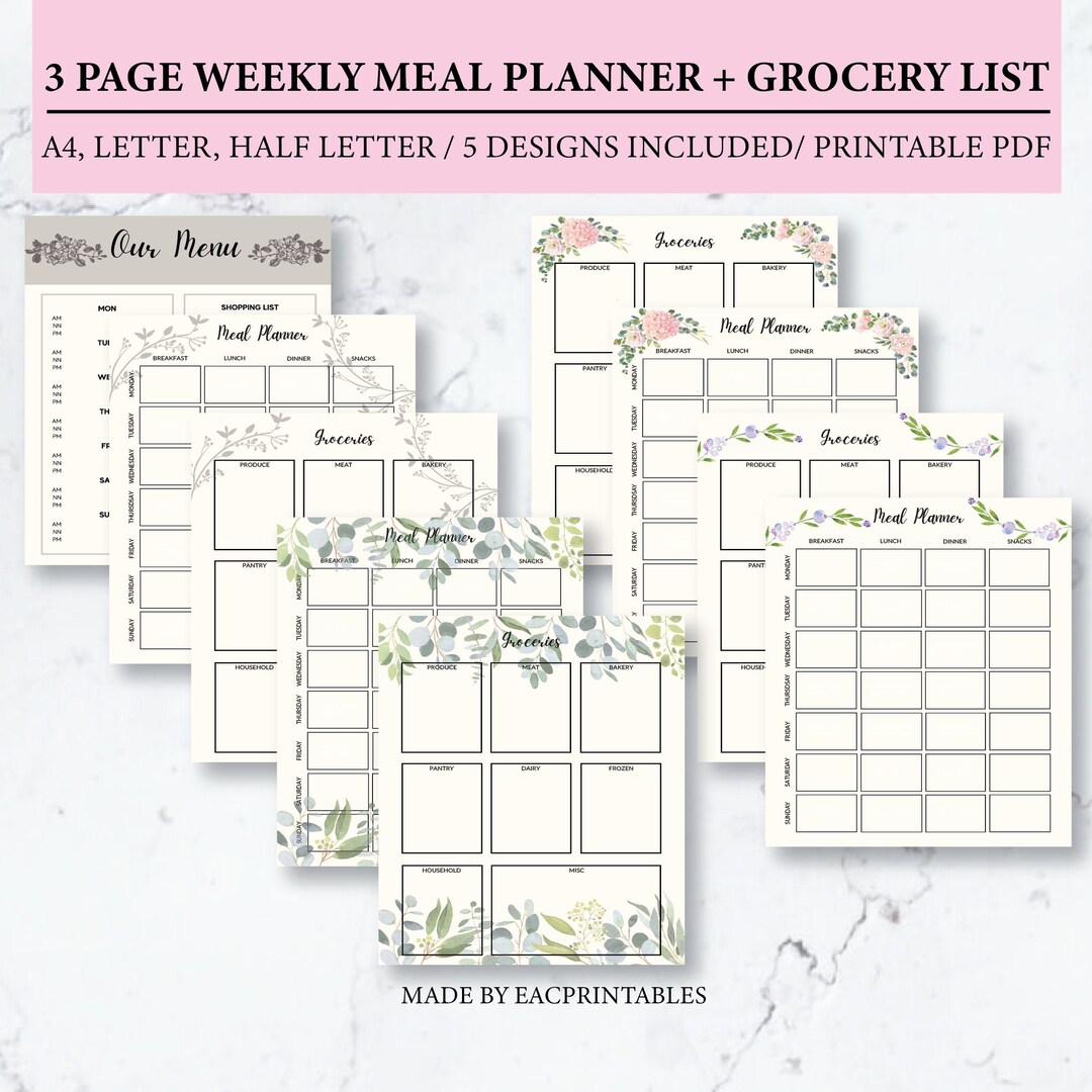 Floral Weekly Meal Planner With Grocery List, Meal Prep, Instant ...