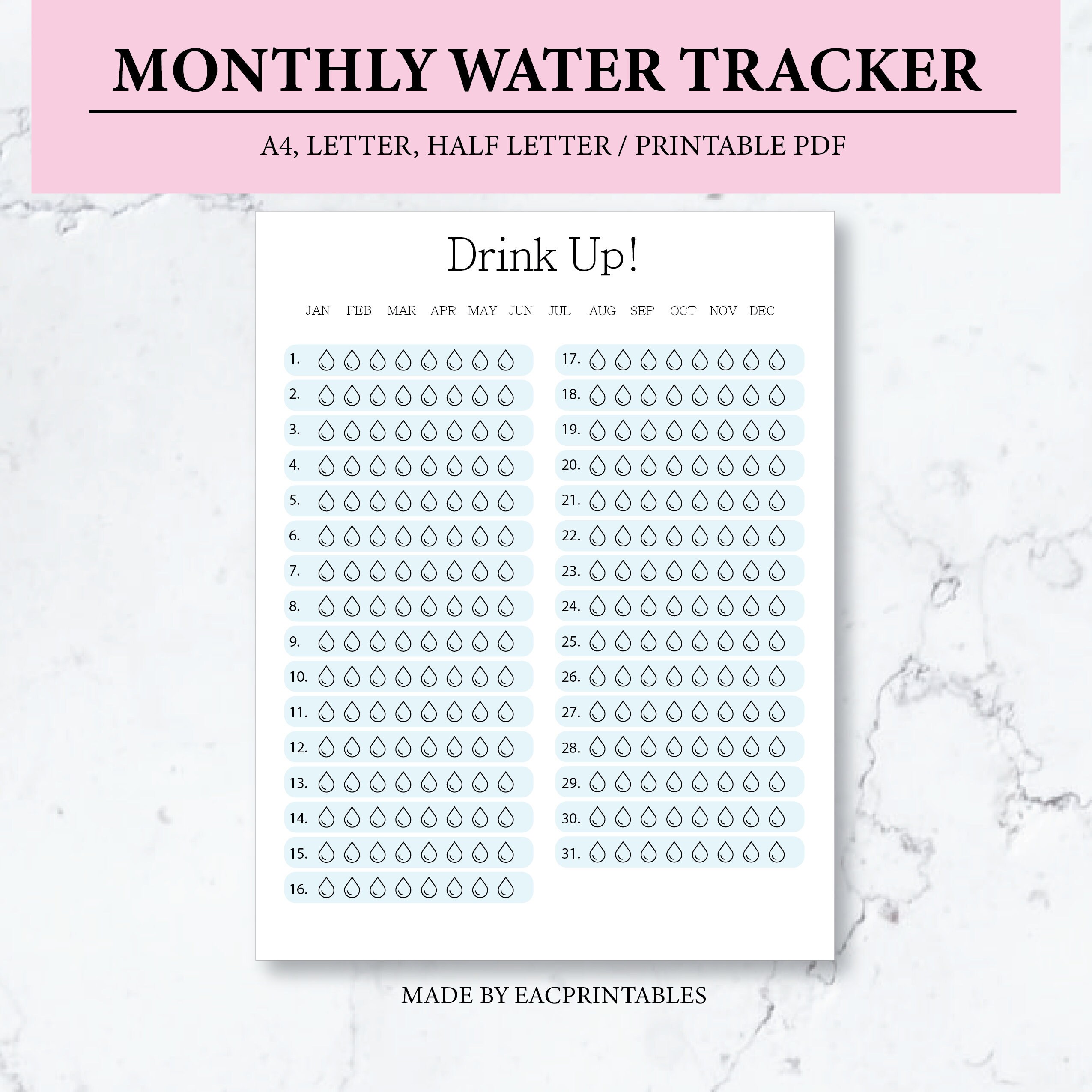 Monthly Water Tracker Digital Water Log Instant Download Etsy