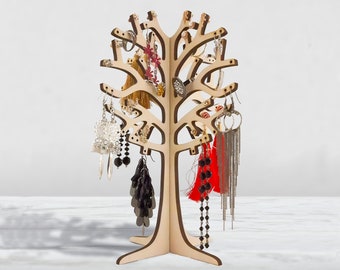 Wooden Jewelry Organizer: Earring Tree Stand, Ring & Necklace Holder