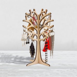 Wooden Jewelry Organizer: Earring Tree Stand, Ring & Necklace Holder