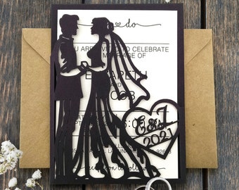 Laser Cut Wedding Invitation: Bride & Groom Pocket - Personalized Card with Envelope