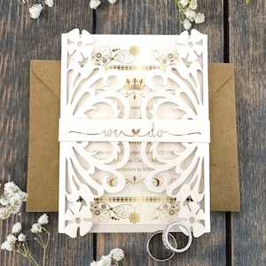 Elegante invito di nozze con taglio laser floreale, invito personalizzato con busta stampata in oro, biglietto di annuncio di matrimonio in stile boho "Salva la data"