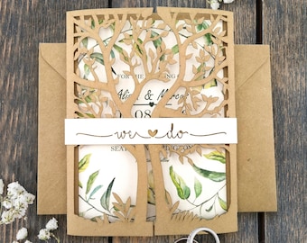 Invitación de boda con árbol cortado a láser: vegetación rústica, anuncio personalizado