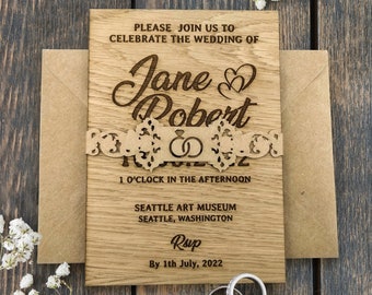 Invitación de boda de madera grabada con láser: rústica y bohemia con sobre