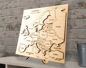 Map of Europe Wooden Puzzle, Engraved Continent Educational Toy, Laser cut Learn Geography Kid/Adult Game, New Home Decor Gift for Teacher