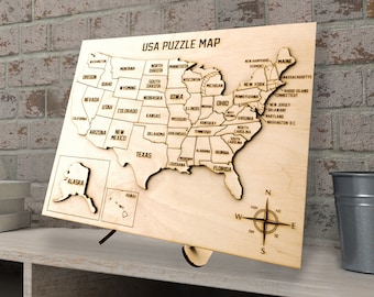 Rompecabezas de madera grabado con mapa de EE. UU.: decoración geográfica rústica, juguete educativo.