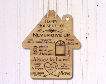 Happy house rules sign, Wooden home poster gift for family, Rustic wall hanging decor, Housewarming engraved rules board