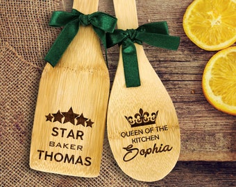 Custom engraved wooden spoon and spatula set, Personalized kitchen cooking accessories, Bamboo Baking ware gift for chef, cook, baker