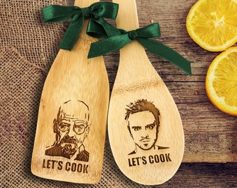 Zestaw kuchennych przyborów z serialu Breaking Bad, grawerowana szpatułka Walter White i drewniana łyżka Jesse Pinkman, prezent dla fana serialu