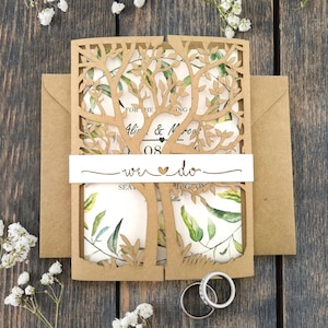 Invito a nozze con albero tagliato al laser, invito nel verde con busta, arredamento rustico per annuncio di matrimonio personalizzato fatto a mano, carta ospite per esterni
