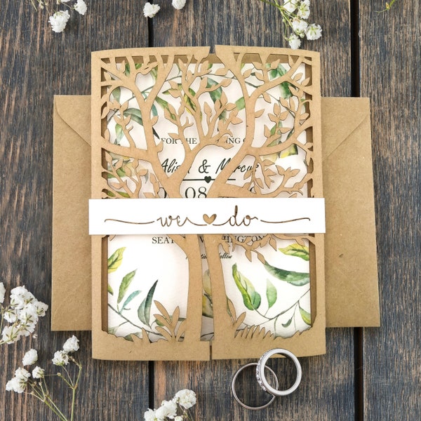 Faire-part de mariage dans un arbre découpé au laser, invitation de verdure avec enveloppe, faire-part de mariage fait main personnalisé, décoration rustique, carte d'invité extérieure