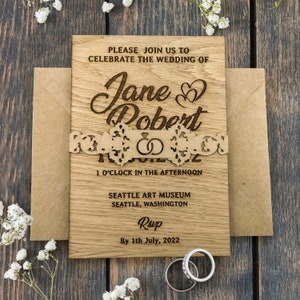 Faire-part de mariage en bois, décoration rustique, carte de mariage personnalisée gravée au laser, invitation bohème avec enveloppe, faire-part minimaliste personnalisé