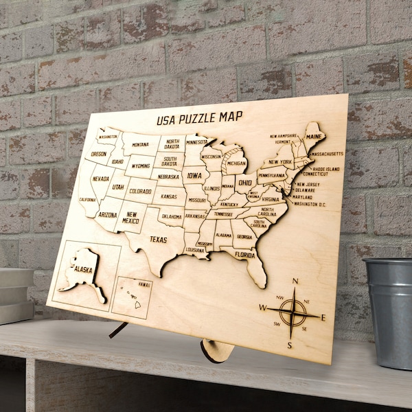 USA Map Wood Puzzle: Engraved United States Geography Decor for Home - Rustic Educational Game Toy, Custom Gift with 50 States of America