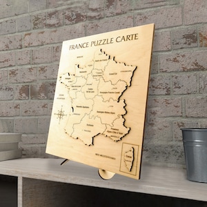 Puzzle en bois avec carte de France pays gravé, jouet éducatif de jeu de géographie français - décoration d'intérieur souvenir national, cadeau découpé au laser 3D