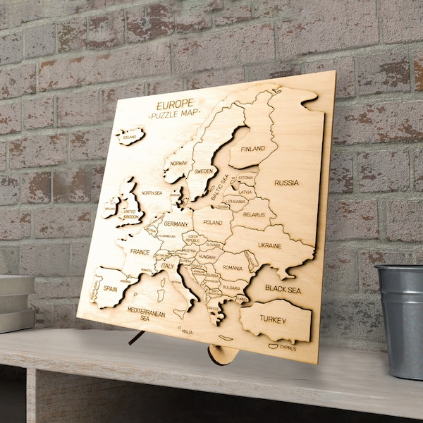 Map of Europe Wooden Puzzle, Engraved Continent Educational Toy, Laser cut Learn Geography Kid/Adult Game, New Home Decor Gift for Teacher