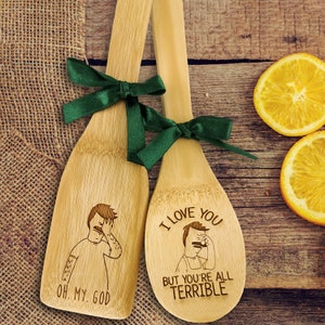 Bob’s Burgers Engraved Spoon and Spatula Set of Wood, Bob Belcher Kitchen Utensils Gift for Series Fan, Kitchen Décor for Cooking Baker