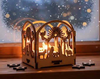 Nativity Scene Candle Holder: Wooden Christmas Lantern, Holy Family Ornament