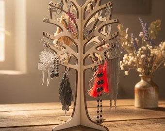 Organizador de joyas de madera: soporte para pendientes, anillos y collares.