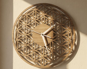 Flower of Life Wooden Wall Clock: Laser Cut Geometric Art