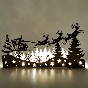 Wooden Deer Christmas Ornament: Santa Hohoho & Reindeers lights, Rustic Sleigh Decoration, Laser cut Winter Scene Holiday Home Decor