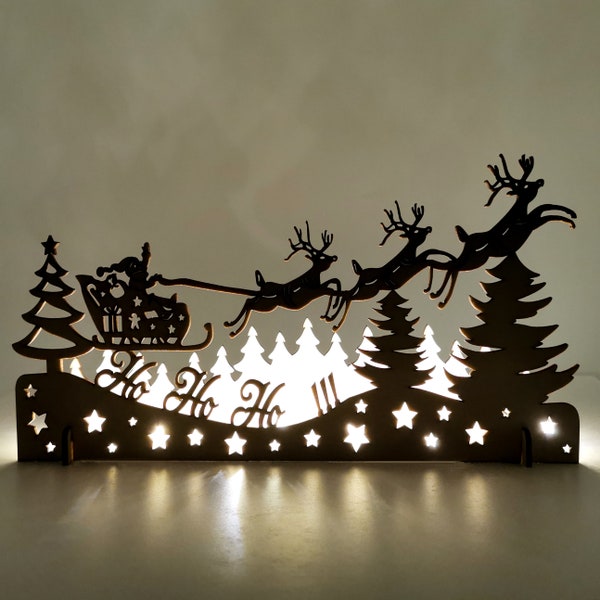 Wooden Deer Christmas Ornament: Santa Claus & Reindeers light, Rustic Winter Sleigh Decoration, Laser cut Xmas Scene Holiday Home Decor Gift