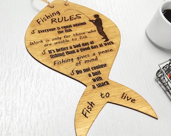 Engraved Oak Wood Fishing Rules Sign: Rustic Cabin Decor - Gift for Fisherman