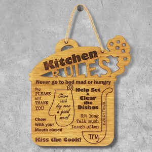 Kitchen Rules Engraved Sign, Rustic Wood Kitchen Decor Family Rules